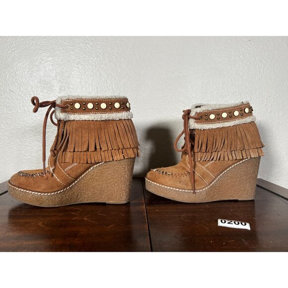 Sam Edelman Kemper Wedge Boots  Womens Sz 5 Suede Fringe Studded Platform - Picture 2 of 11